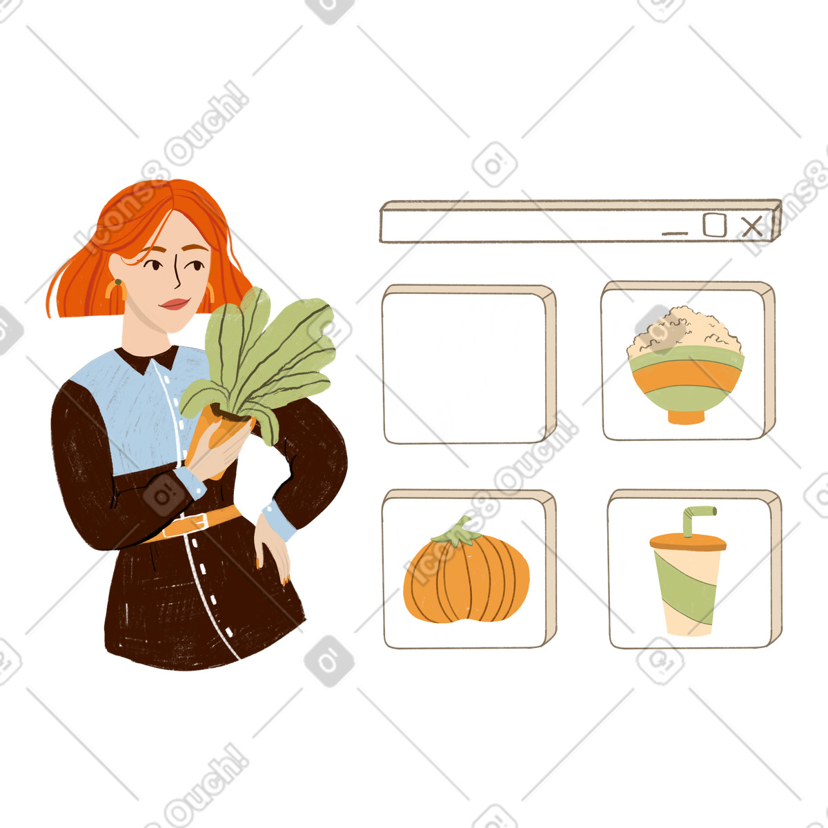 Lumiere スタイルの Girl choosing food in online shop のイラストをPNG、SVG形式でダウンロード