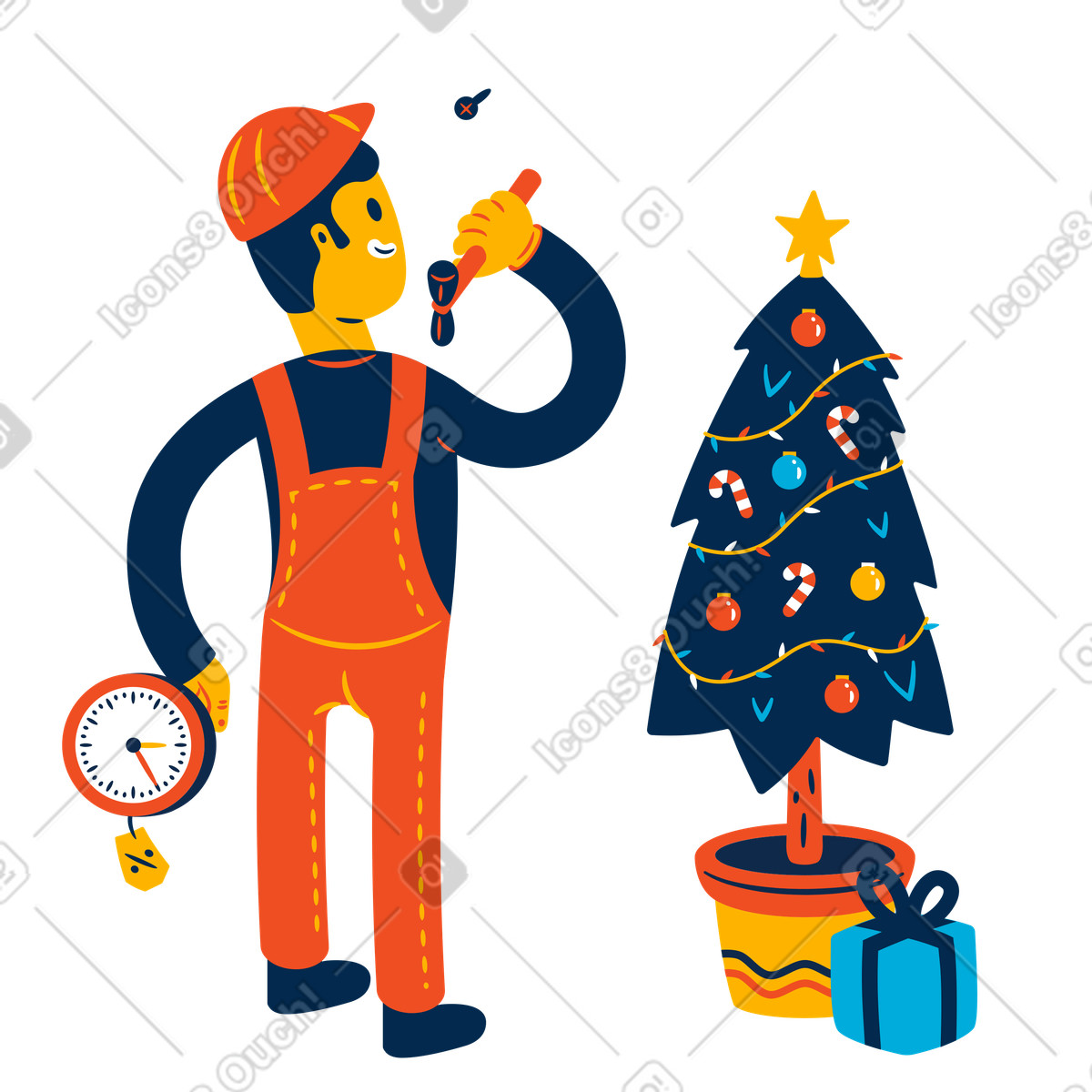Man hammering a nail beside holiday tree illustration in Flame style download in PNG, SVG