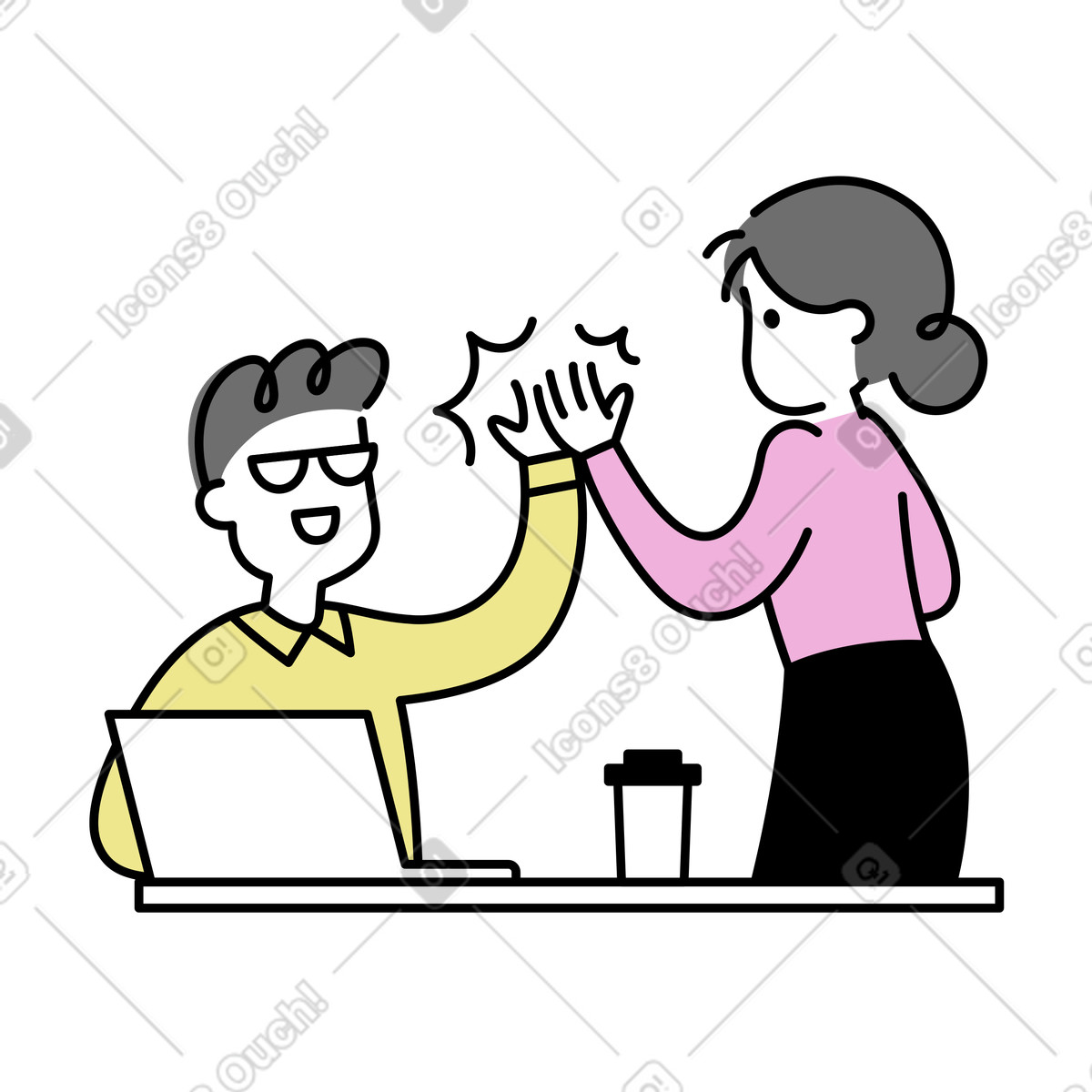 下载 Mochi 风格的 Workers enjoying success with high five, Office motivation and team spirit 插画，支持 PNG、SVG 格式