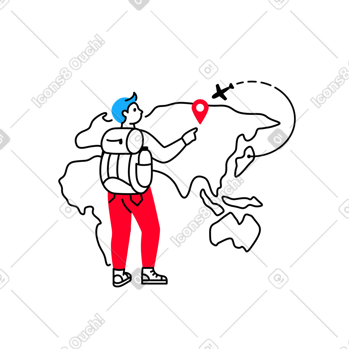 下载 Transistor 风格的 背着背包看世界地图的男旅行者 插画，支持 PNG、SVG 格式