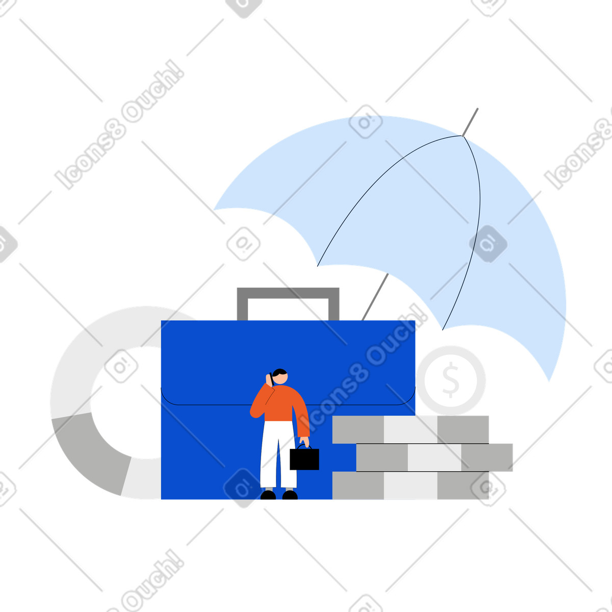 Aktentasche, sonnenschirm und geld als zeichen für eine geschäftsversicherung-Illustration im Tiny-Stil Download in PNG, SVG