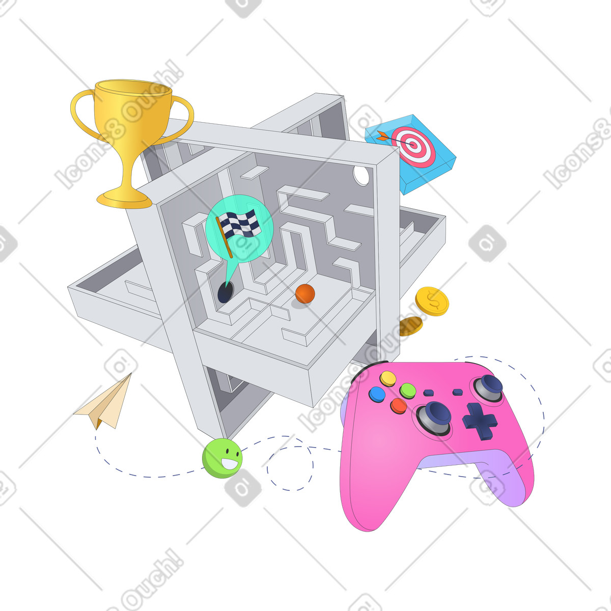 Gamification con controller di gioco e labirinto illustrazione in stile Kit scarica in PNG, SVG