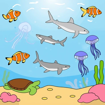 A vibrant underwater scene filled with an array of colorful fish and sea creatures, all crafted from transparent balloons. The fish are various shapes and sizes, some resembling clownfish with bright orange and white stripes, while others mimic the sleek form of sharks with a silvery sheen. Jellyfish float gracefully, their tentacles trailing behind them, made from translucent, elongated balloons in shades of blue and purple. Sea turtles glide through the water, their shells formed by large, round balloons in green and brown hues. The background features soft, wavy lines to suggest gentle ocean currents, and patches of coral made from smaller balloon shapes in pink and yellow dot the sandy seabed. Sunlight filters through the water, casting playful patterns and reflections on the scene below.