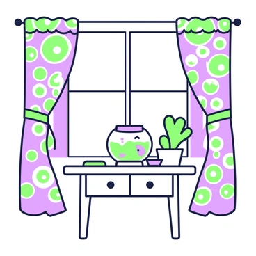 A room interior features a table positioned in the center. On the table, there is a fishbowl containing a small fish swimming around. The fishbowl has a round shape and is filled with clear water. Surrounding the fishbowl, there are a few decorative items such as a small green plant and a coaster. The windows are adorned with curtains that display intricate patterns reminiscent of Matisse, incorporating bold shapes that create a lively appearance. The room is well-lit, and the walls are a soft color, providing a warm backdrop to the scene.