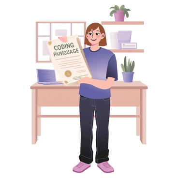 A person standing in a bright room, holding a certificate that reads "Coding Language Proficiency" in bold letters. The person has light skin and shoulder-length brown hair, wearing a navy blue t-shirt and dark jeans. They are smiling proudly while showing the certificate, which has a decorative border and a seal in the corner. There are plants in pots on a shelf in the background, and a laptop is open on a nearby desk. The overall atmosphere conveys a sense of achievement and celebration.