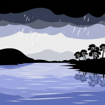 Dark storm clouds loom across the sky above the Congo River, casting deep shadows on the water below. The surface of the river ripples as the first drops of rain begin to fall, creating small splashes that break the otherwise calm reflection of the clouds. Trees lining the riverbank sway gently in the brewing wind, their leaves glistening with moisture. In the distance, silhouettes of hills can be seen, adding to the dramatic atmosphere of the impending storm.