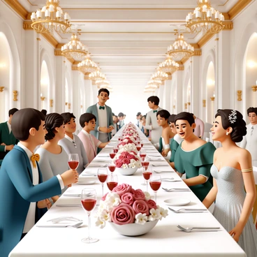 A grand royal banquet with elegantly dressed characters and lavish decorations
