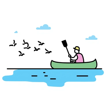 A canoeist in a green canoe is paddling through calm water, surrounded by a flock of migrating birds. The birds are flying in a V-formation, their wings spread wide as they glide just above the water’s surface. The canoeist, wearing a red life jacket and a straw hat, is focused on the birds, with the paddle dipped into the water creating gentle ripples. In the background, the sky is clear, with soft clouds scattered throughout, and the reflections of the birds and canoeist shimmer on the water's surface.