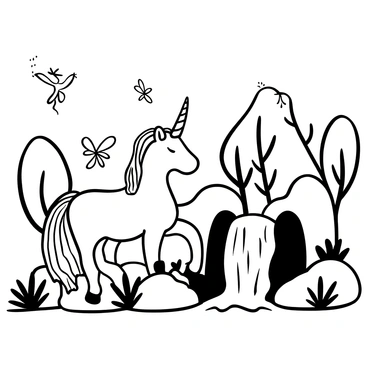 A "majestic unicorn" standing beside a "sparkling waterfall." The unicorn has a flowing mane and a spiraled horn. There are "fairies" flying around the unicorn, each with delicate wings and various poses. The waterfall cascades over rocks, creating splashes of water. Surrounding the scene are lush trees and plants, adding depth to the landscape.