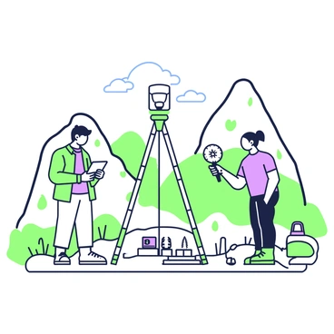 A group of surveyors is engaged in exploring a rugged landscape for potential new oil fields. In the foreground, two surveyors are using a tablet and a compass to take measurements. One surveyor has short, dark hair and wears a green jacket, while the other has long hair tied back and is dressed in a purple shirt. In the background, there are rocky hills with patches of sparse vegetation. A surveyor's equipment, including a GPS device and survey markers, is scattered around them. The sky above is clear with a few clouds.