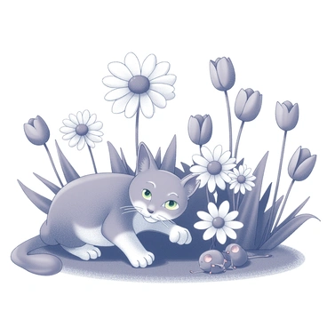 A garden filled with various flowers, including tulips and daisies, creating a lively atmosphere. In the foreground, a cat is crouched low, peeking out from behind a large flower, its eyes focused and alert. Nearby, a small mouse is partially hidden behind a cluster of vibrant blooms, with its tiny ears perked up, ready to dart. The sunlight casts shadows from the flowers onto the ground, enhancing the playful interaction between the cat and mouse as they engage in their game of hide and seek.