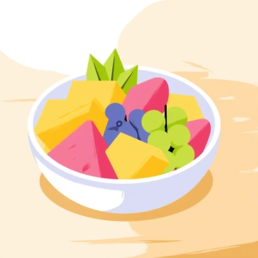 A refreshing bowl of mixed fruit salad sits on a wooden table. The bowl is round and clear, showcasing vibrant cubes of yellow pineapple, pink watermelon, and clusters of green and purple grapes. The fruits are arranged in a colorful pattern, with the pineapple cubes on one side, the watermelon cubes on the other, and the grapes filling the gaps. A sprig of mint is placed on top for added freshness, and a light sheen of condensation glistens on the bowl, emphasizing the coolness of the salad.