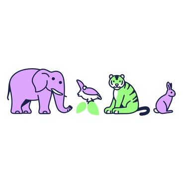 A series of animals is arranged in a repeating pattern across the image. The first animal in the top left corner is a large elephant standing majestically. Next, a medium-sized tiger is depicted sitting, slightly to the right. Following that, a small rabbit is shown hopping, positioned beneath the tiger. Below the rabbit, an even smaller bird is perched on a branch, looking to the left. Each animal is distinct, showcasing various poses and expressions, with the sizes of the animals decreasing as they progress across the pattern.