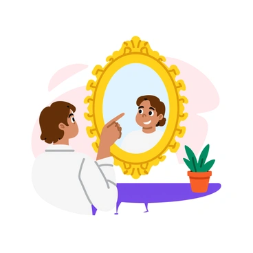 A person standing in front of a large, ornate mirror. The person has short brown hair and is wearing a white shirt. Their expression reflects curiosity as they gaze into the mirror. The mirror's frame is intricately designed with floral patterns. In the reflection, the person is pointing back at themselves, with a slight smile on their face. The background features a simple room with soft colors, and a small potted plant sits on a nearby table.