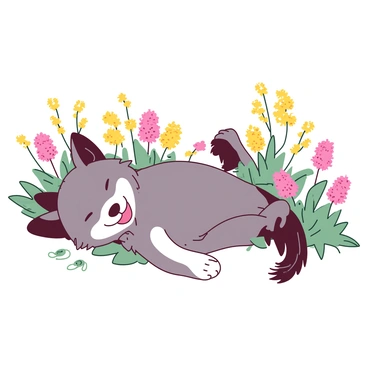 A grey wolf pup with fluffy fur is playfully tumbling in a field filled with vibrant wildflowers. The flowers are in a mix of colors, creating a lively landscape. The pup has its ears perked up and its paws outstretched as it rolls over, with a joyful expression on its face. Surrounding the pup are clusters of yellow and pink wildflowers swaying gently in a soft breeze. The sunlight illuminates the scene, highlighting the pup's playful energy and the colorful blossoms around it.