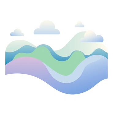 A series of flowing waves in soft shades of blue, green, and lavender create a harmonious composition. Each wave has smooth edges and gently undulating forms, reflecting light in a serene manner. The background is a subtle gradient that transitions from light blue at the top to pale lavender at the bottom. Overlaying the waves, delicate shapes resembling soft clouds drift peacefully, enhancing the fluidity of the scene. The overall arrangement evokes a sense of calm and tranquility through its balanced, soothing palette.