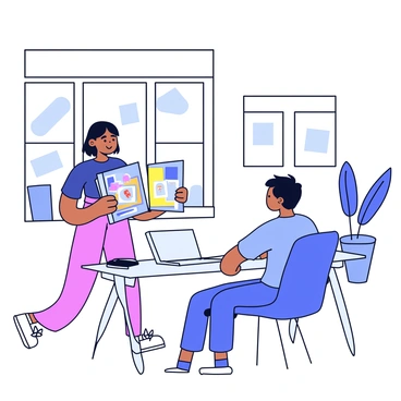 An artist is standing in a modern office, holding a portfolio filled with artwork. The artist has short, dark hair and is wearing a casual yet professional outfit. The office is bright with large windows that allow natural light to flood the space. A sleek desk with a laptop and a notepad is visible. The client, seated across from the artist, is attentively looking at the portfolio. In the background, there are minimalist decorations and a potted plant near the window.