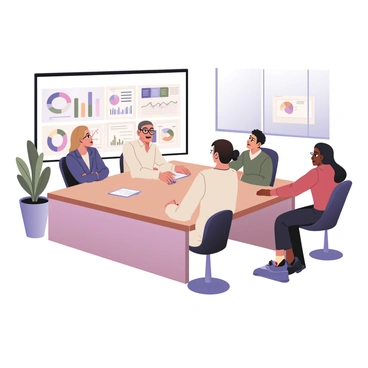 A digital flat illustration depicting a sales team in a modern conference room. The team members are gathered around a large rectangular table. There are four people: a woman with light brown hair wearing a navy blazer, a man with dark skin and glasses in a white shirt, a man with light skin and curly hair in a green sweater, and a woman with medium skin wearing a red blouse. They are focused on a screen displaying colorful charts and graphs. On the screen, there are bar graphs in blue and orange, a pie chart in green and purple, and line graphs in red. The room has large windows allowing natural light to come in, and there are potted plants placed in the corners. A notepad and pen are on the table in front of one of the team members.