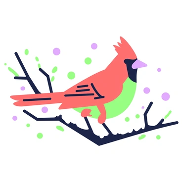 A cardinal with vibrant red feathers is perched on a branch covered in white snow. The branch is thin and appears delicate, with several flakes of snow resting on it. The bird is facing slightly to the right, showcasing its sharp beak and distinctive crest. Surrounding the branch are a few blurry outlines of other branches in the background, contributing to a natural setting. The scene captures a moment in winter, with the contrast between the cardinal's bright color and the white snow creating a striking visual.