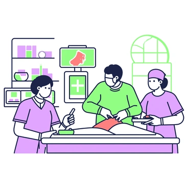 A team of medical professionals is engaged in a procedure to repair a diseased artery. In the center of the image, a surgeon is meticulously working on the artery, using precision instruments. The surgeon is wearing a green surgical gown, gloves, and a mask, with focused expression. Next to the surgeon, a nurse is preparing additional tools on a tray, while another medical professional is observing the monitors displaying vital signs. The surgical room is equipped with modern medical technology, including bright lights and a large screen showing the artery's condition. The background features shelves with medical supplies and a large window allowing some natural light to filter in.