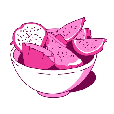 A white decorative bowl is filled with vibrant slices of dragonfruit, revealing its unique texture. The dragonfruit slices display a mix of bright pink and white colors, with small black seeds scattered throughout. The bowl is placed on a simple wooden table, allowing the vivid colors of the fruit to stand out. Natural light illuminates the bowl, highlighting the glossy surface of the dragonfruit slices and enhancing their intricate patterns.