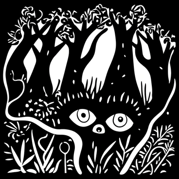 A pair of "eyes" partially visible among the "dense foliage" of a forest, surrounded by intricate leaf patterns and branches. The "dusk" lighting casts a soft glow on the leaves, creating a contrast with the dark shadows of the trees. The surrounding foliage includes various types of plants and vines, adding depth to the scene. The atmosphere suggests a sense of intrigue and mystery, enhanced by the subtle interplay of light and dark in the forest environment.