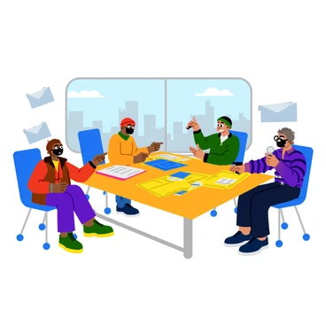 A group of cartoonish thieves in masks planning a bank heist at a table covered in blueprints.
