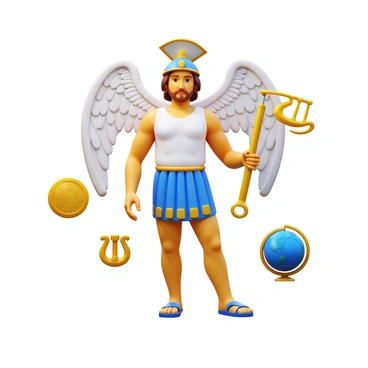 A 3D icon of the Roman god "Mercury" depicted with winged sandals and a winged helmet. He holds a caduceus in one hand, standing confidently. "Mercury" is surrounded by various mythological symbols such as a lyre and a globe, crafted with intricate details. The figure displays a dynamic pose, conveying movement and grace.