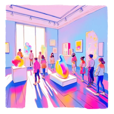 An art gallery features walls painted in a soft gray color, with polished wooden flooring reflecting light. Various 3D holographic artworks are displayed in sleek, transparent pedestals, projecting vibrant colors and shapes into the air. The gallery showcases a minimalist design, with overhead lighting illuminating the installations. Visitors of diverse backgrounds stroll through the space, examining the holograms with expressions of curiosity. A large window allows natural light to filter in, enhancing the overall atmosphere of innovation and creativity.