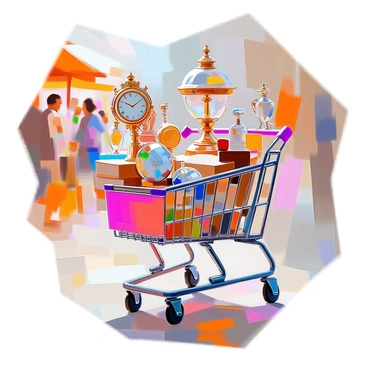 A shopping cart brimming with an assortment of antiques and treasures found at a flea market. The cart is vibrant and overflowing, showcasing a collection of vintage items including a brass lamp with intricate detailing, an old-fashioned clock with Roman numerals, a colorful porcelain vase, and a stack of leather-bound books. There are also various smaller trinkets like a delicate glass figurine, a wooden jewelry box, and an ornate mirror. The setting reflects a bustling market atmosphere, with additional items and people in the background, adding to the lively scene.
