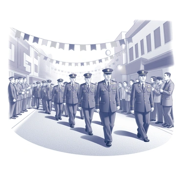 A parade scene unfolds along a city street. Veterans in military uniforms march proudly, displaying medals and insignia. Their expressions convey a sense of honor and pride. Citizens are lined along the street, some waving flags and others clapping their hands in appreciation. Colorful banners are hung above, adding to the festive atmosphere. The architecture of buildings in the background adds context to the urban setting, while balloons and streamers are visible in the air, enhancing the celebratory vibe of the event.