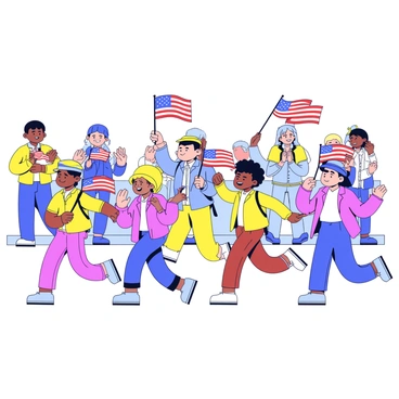 A group of children is marching in a Veterans Day parade. Each child is holding a small flag, proudly waving it as they walk. The children are dressed in colorful clothing, with some wearing caps or hats. The background features a line of spectators watching the parade, with a few adults clapping and smiling. The scene captures the energy and enthusiasm of the children as they participate in the event.