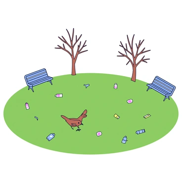 A park scene with green grass covering the ground. Scattered throughout the area are pieces of trash, including plastic bottles and wrappers. In the center of the park, a small brown bird is pecking at the ground, searching for food among the debris. Trees with sparse leaves surround the park, providing some shade. A few benches are visible in the background, adding to the park setting.
