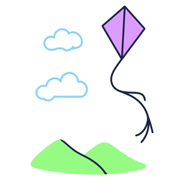 A single kite is soaring high in an expansive sky. The kite is in the shape of a diamond and features a long, flowing tail that streams behind it. The sky is vast and open, with a few fluffy clouds scattered throughout. Below the kite, there is a scene depicting a gentle landscape with green hills rolling in the distance. The sunlight is shining brightly, creating a vibrant atmosphere around the kite as it dances in the wind.