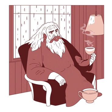 A large, tall figure of Beorn with long hair and a beard is sitting in a cozy chair by the window. He has a warm expression as he watches the rainfall outside. In his hand, he holds a steaming cup of tea with delicate steam rising from it. The window is framed by wooden panels, and raindrops can be seen trickling down the glass. Soft light from a nearby lamp casts a gentle glow on Beorn's face, highlighting his thoughtful demeanor while nature pours outside.