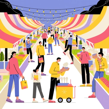 A bustling evening market filled with vibrant stalls displaying a variety of goods. Each stall is adorned with colorful awnings, showcasing fruits, vegetables, and handmade crafts. Twinkling lights are strung overhead, casting a warm glow over the scene. Crowds of people move between the stalls, some carrying bags filled with purchases. In the foreground, a vendor is serving steaming hot food from a small cart, while others engage in animated conversations. The atmosphere is lively and full of energy.