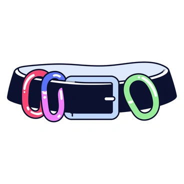 A fashionable belt with a sleek black design. The belt has a smooth texture and a shiny finish. Attached to the belt are multiple colorful decorative carabiners in various sizes and shapes. The carabiners include shades of red, blue, and green, each featuring a glossy surface that reflects light. The belt buckle is metal and has a modern, minimalistic shape.