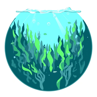 A duotone illustration shows a dense kelp forest underwater, with tall, green kelp plants swaying gently in the currents. Rays of sunlight penetrate the surface, creating a play of light and shadows among the kelp. Small fish dart between the fronds, adding movement and life to the scene. The water is a deep shade of blue, enhancing the vibrant green of the kelp, while bubbles rise toward the surface, contributing to the underwater atmosphere.