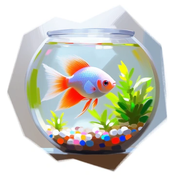 A vibrant betta fish with shimmering scales and flowing fins is swimming gracefully in a well-lit aquarium. The fish has a mix of bright blue and deep red colors that catch the light. The aquarium is filled with lush aquatic plants, including green ferns and small, colorful pebbles on the bottom. Soft light filters through the water, creating reflections and illuminating the fish as it moves through the serene underwater environment.