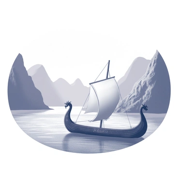 A Viking longship gliding through a misty fjord. The ship features a prominent dragon-shaped prow that extends forward, showcasing intricate carvings. The hull of the longship is streamlined and narrow, designed for swift movement through the water. Surrounding the vessel, the fjord is lined with steep, rocky cliffs that disappear into the fog. The water is calm, reflecting the muted shapes of the landscape. The mist adds an air of mystery, enveloping the environment and partially obscuring the distant hills. The atmosphere is dynamic, suggesting movement and adventure.