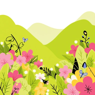 A secret valley filled with lush, colorful plants and flowers in varying shades of green, pink, and yellow. The landscape features rolling hills and a clear blue sky above. Small creatures, such as brightly patterned butterflies and camouflaged insects, are nestled among the foliage, blending seamlessly with their vibrant surroundings. Some of the creatures have intricate scales or fur that mimic the colors of the flowers, while others have leafy appendages that help them remain hidden. The scene evokes a sense of enchantment and wonder as the valley thrives with life.