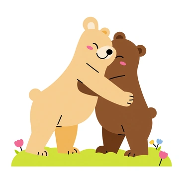 Two cartoon bears standing on their hind legs, embracing each other in a warm and loving hug. Both bears have fluffy fur, one is light brown with big round ears and a cheerful smile, while the other is dark brown with small ears and closed eyes, enjoying the moment. Their arms are wrapped around each other, showcasing their affection. The background features a simple green meadow with a few colorful flowers scattered around, adding a cheerful atmosphere to the scene.