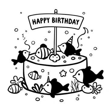 A group of various fish gathered around a large cake made of seaweed, adorned with colorful coral decorations. The fish are swimming joyfully, some wearing party hats and others holding streamers. Bubbles rise from the cake, and a banner with the words "Happy Birthday" floats above the celebration. Small starfish and shells are scattered around, adding to the festive atmosphere.