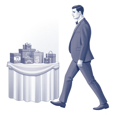 A groom in a formal suit arrives at a wedding venue. He walks past a display of dowry items that are arranged on a decorative table. The dowry items include traditional gifts such as ornate jewelry boxes, beautifully wrapped cloth packages, and intricately designed household items. The groom's expression is focused as he approaches the entrance, and the surroundings include festive decorations, adding to the celebratory atmosphere of the event.
