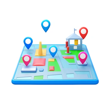 A virtual tour interface displaying various clickable elements. Each clickable element is represented by brightly colored icons. The scene includes a digital map layout with different highlighted areas. Icons are positioned over notable landmarks and sections, indicating interactive features. The overall appearance is sleek and modern, with a user-friendly design.