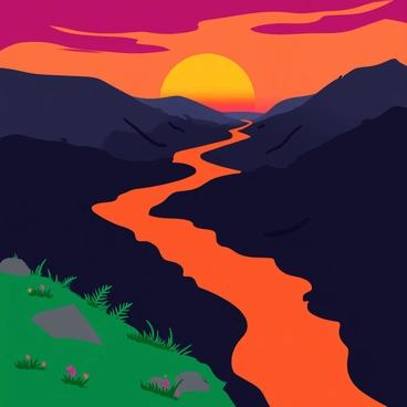 A dramatic volcanic landscape featuring vibrant, flowing lava streams that glisten in shades of orange and red. The lava flows through rugged terrain, creating sharp contrasts with the dark, textured rocks. In the foreground, resilient plant life, such as green ferns and small flowering plants, emerges from the cracks in the hardened earth, displaying rich greens against the stark volcanic backdrop. The sky overhead is a mix of deep oranges and purples, suggesting a striking sunset illuminating the scene.