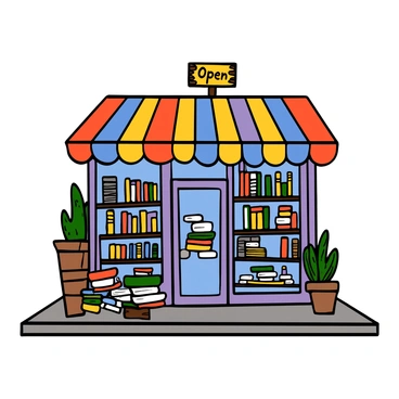 A quaint little bookstore with a colorful striped awning in vibrant shades of red, blue, and yellow is situated on a busy sidewalk. The storefront is adorned with large glass windows showcasing an array of books on wooden shelves, some of which are spilling out onto the sidewalk. Various books of different sizes and colors are stacked haphazardly, inviting passersby to take a look. A small wooden sign hanging above the entrance reads "Open" in cheerful letters, while potted plants are placed on either side of the door, adding a touch of greenery to the scene.