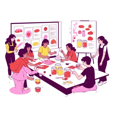 A group of participants is gathered in a bright, spacious workshop filled with tables covered in various crafting materials. Each participant is engaged in the creation of their own unique jelly-themed art pieces. Some are using vibrant molds in various shapes, while others are mixing colorful gels in small containers. Bright jars of jelly in shades of red and yellow are arranged on the tables, providing inspiration for their projects. Nearby, a large white board displays examples of jelly art, showcasing different techniques and styles. The atmosphere is lively as participants share ideas and display their creations.