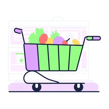 A grocery cart is positioned prominently in the foreground, with its wheels slightly turned. The cart is partially filled, showing that half of the items have been removed. On the left side of the cart, there are colorful items including fruits and vegetables, while the right side is empty, illustrating the concept of a fraction. The cart is metallic with a grid-like design on the sides. The ground beneath the cart is smooth, and in the background, there are faint outlines of a grocery store aisle with shelves.