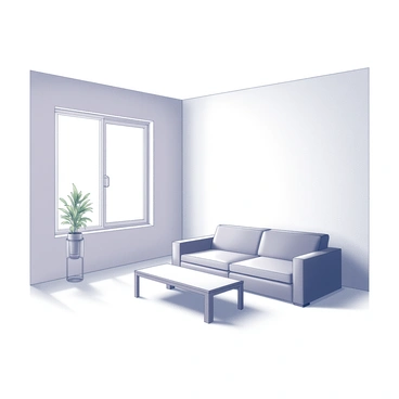 A spacious room featuring minimalist interior design. The walls are bare and smooth, providing a neutral backdrop. There is a low-profile sofa with straight lines positioned against one wall. A simple, rectangular coffee table, made of wood, sits in front of the sofa. A large, unadorned window allows natural light to filter in, casting soft shadows on the floor. A single plant in a small pot is placed in one corner, adding a touch of greenery to the space. The floor is polished and devoid of clutter, emphasizing the clean aesthetic.